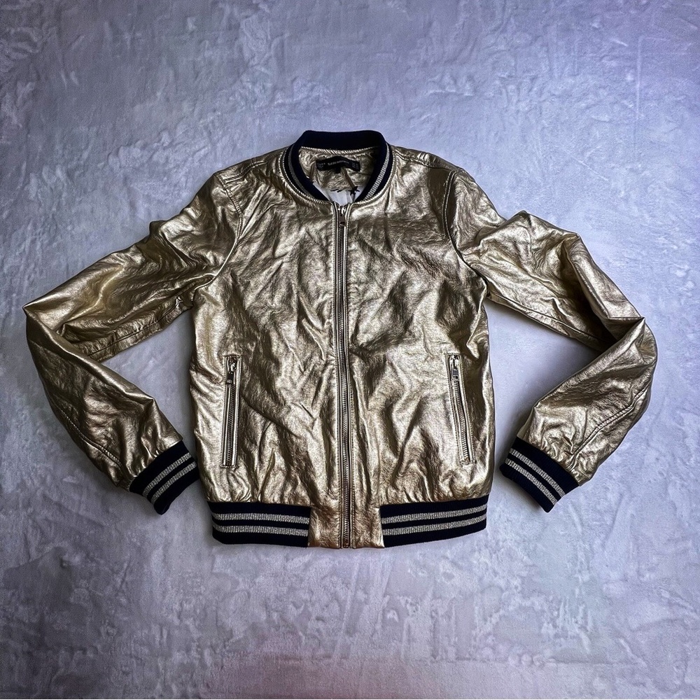 Zara Shimmering Gold Bomber Jacket Size XS